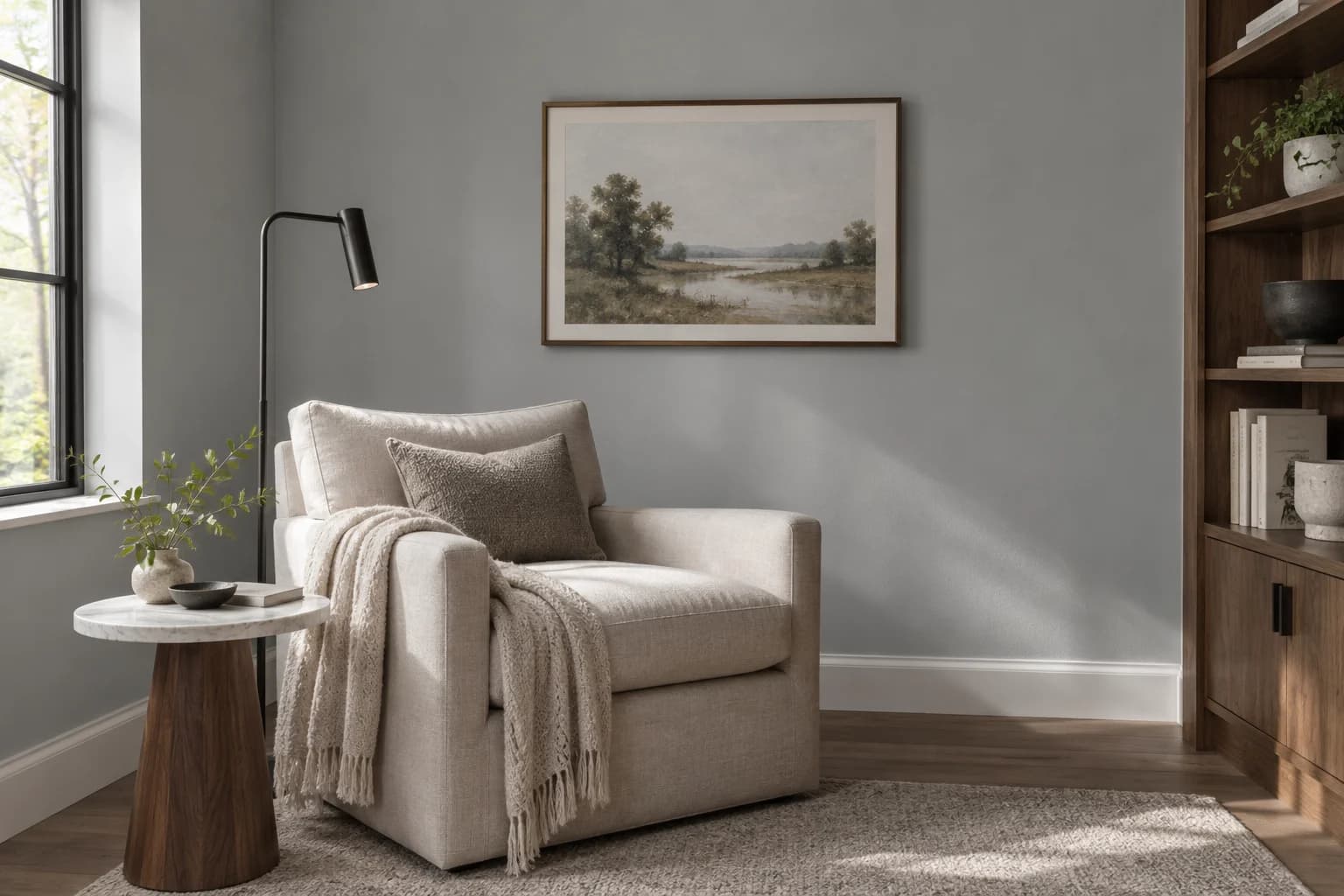Reading nook with Flagstone walls and a cream armchair