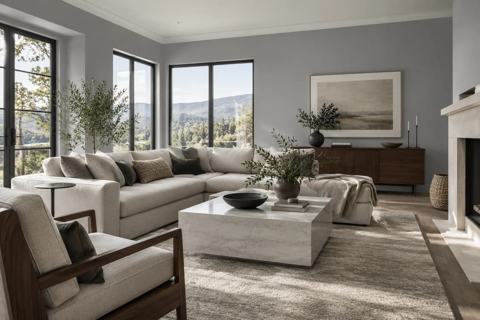 Flagstone walls in a modern farmhouse living room
