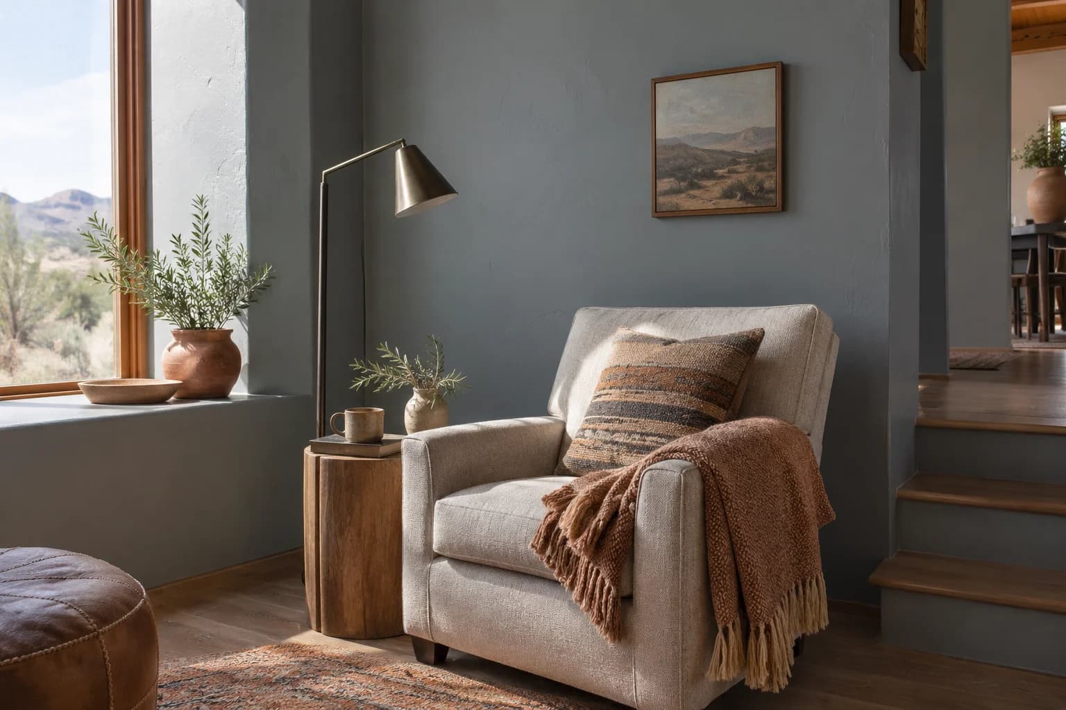 Reading nook with Garrison Gray walls and a cream armchair