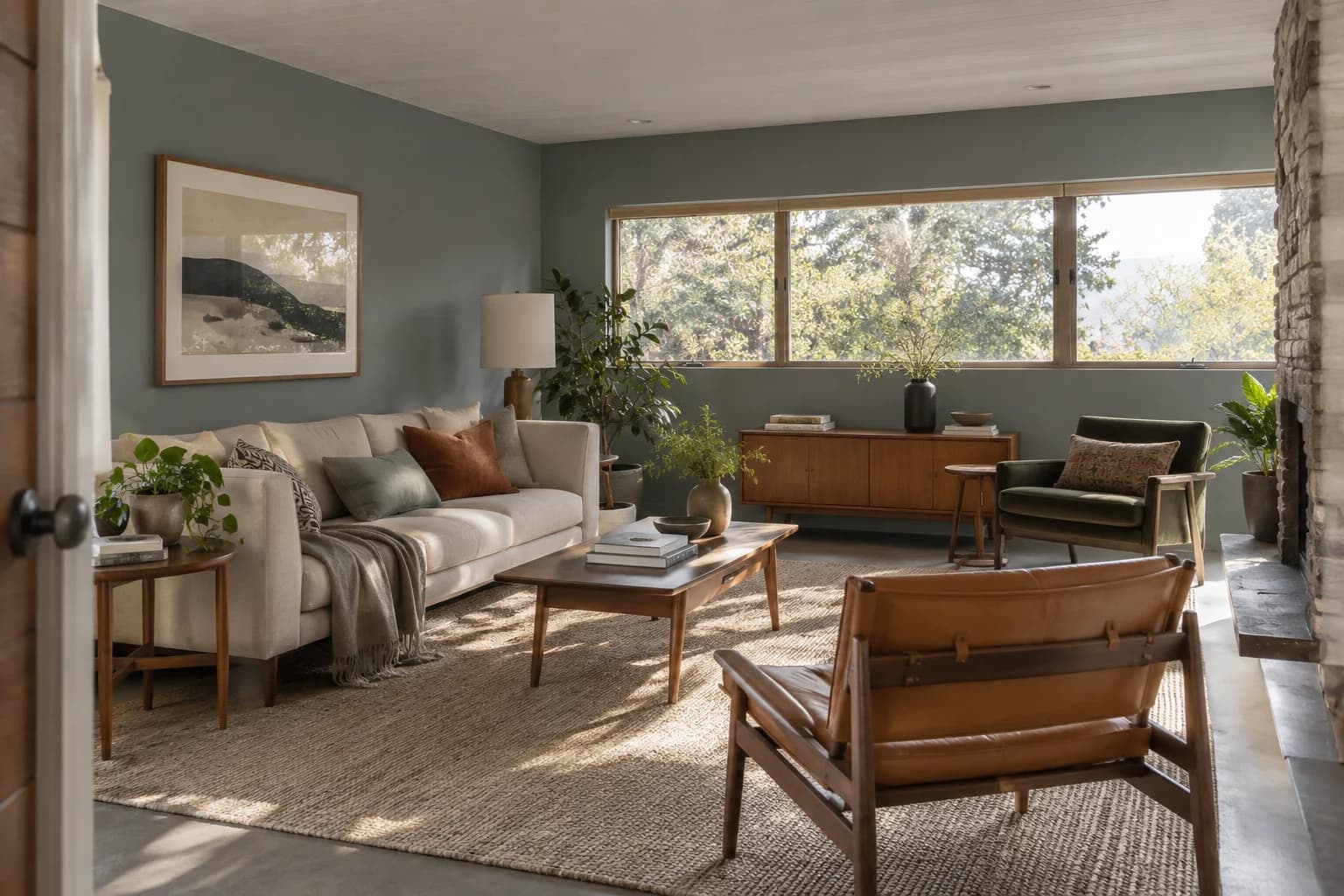 Garrison Gray walls in a midcentury living room
