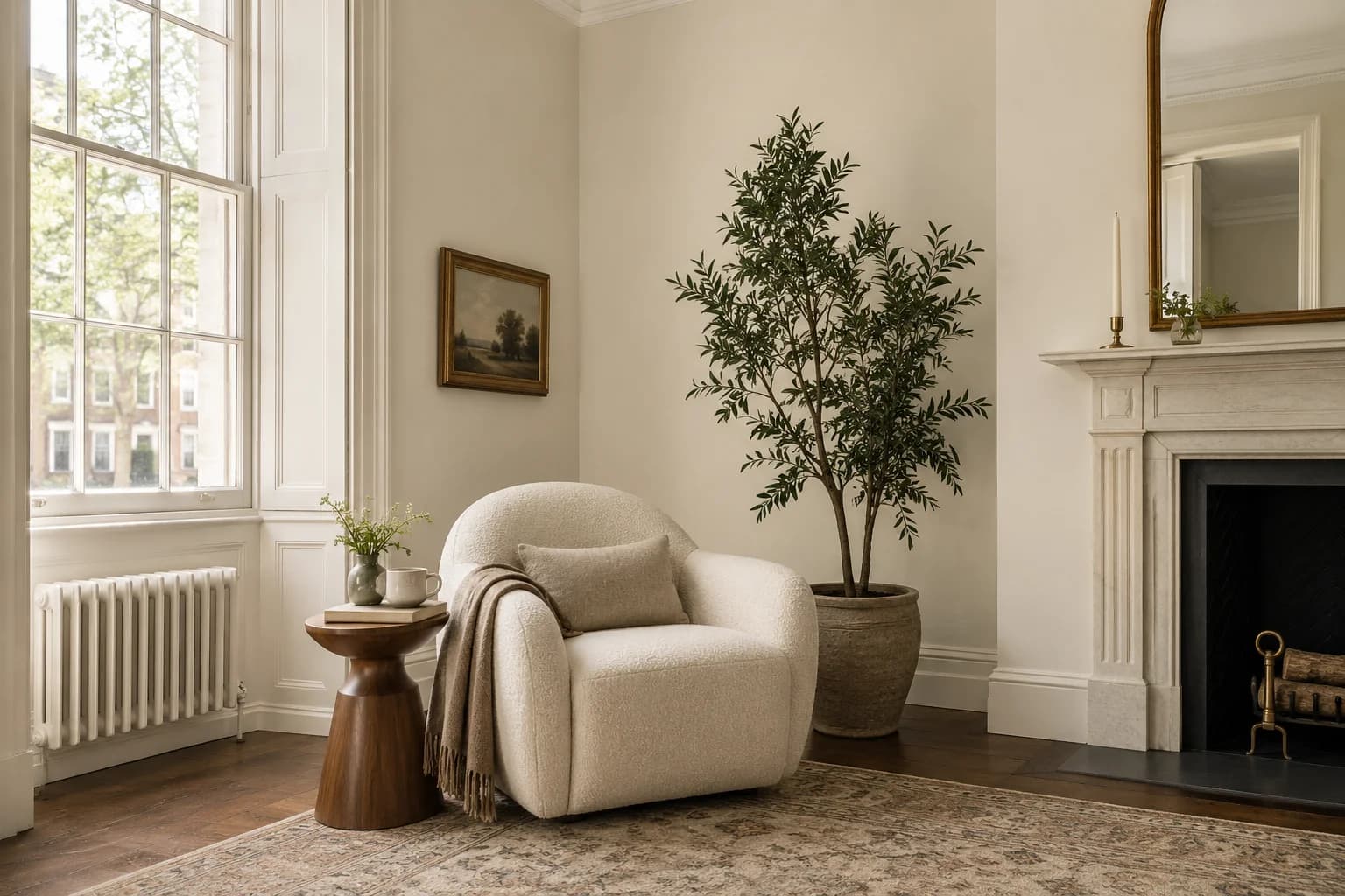 Reading nook with Oatmeal walls and a cream armchair