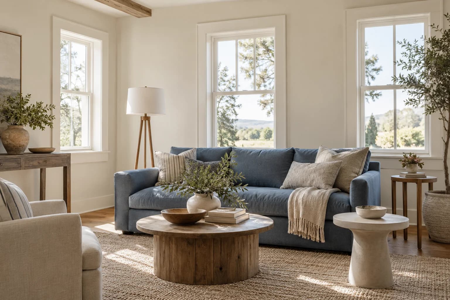Oatmeal walls in a modern farmhouse living room