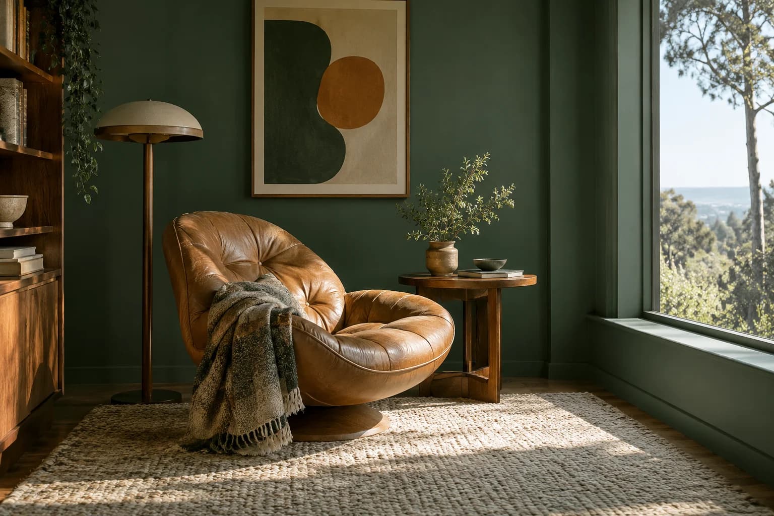 Reading nook with Pine Forest walls and a cream armchair