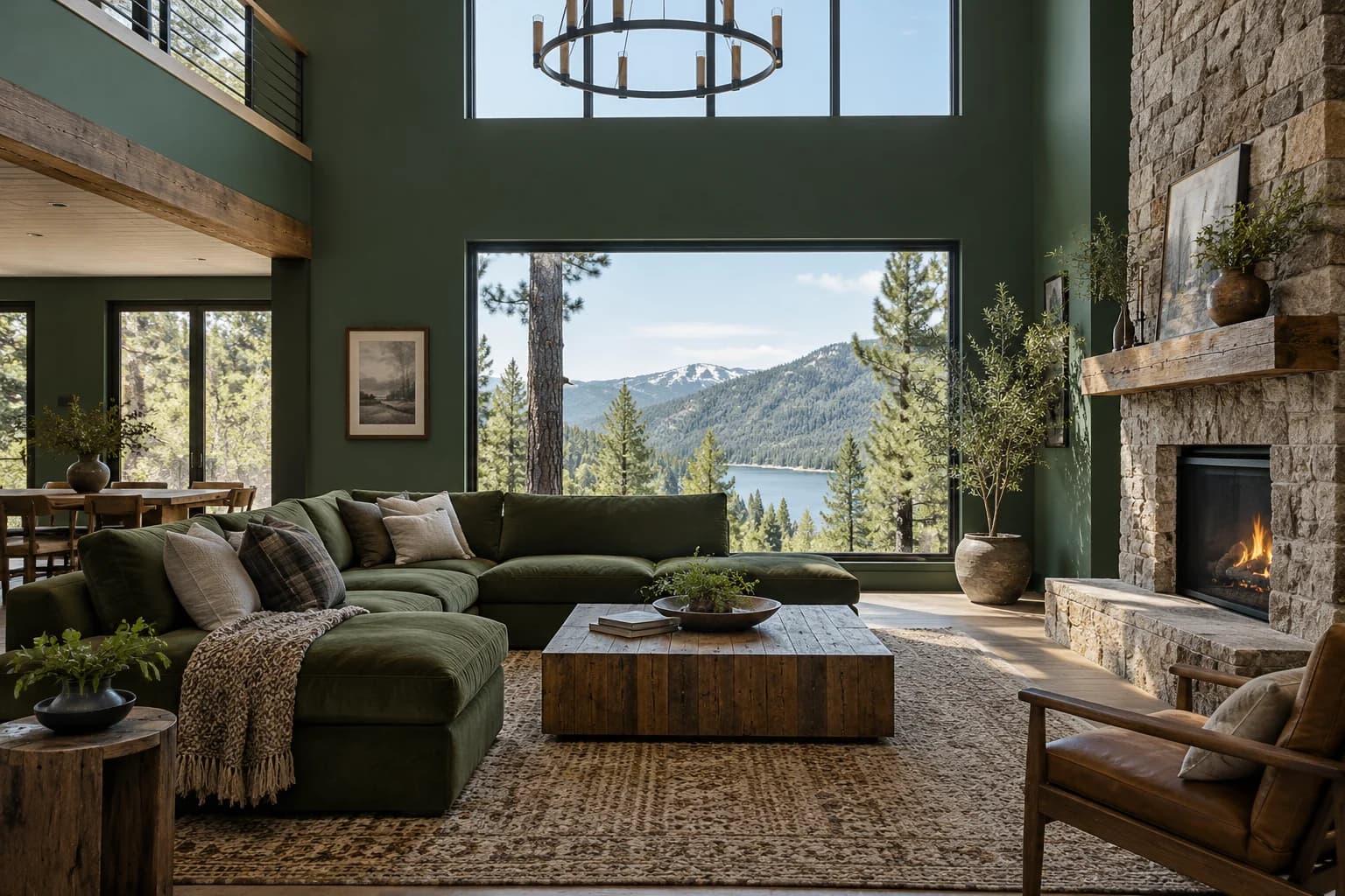 Pine Forest walls in a contemporary cabin living room