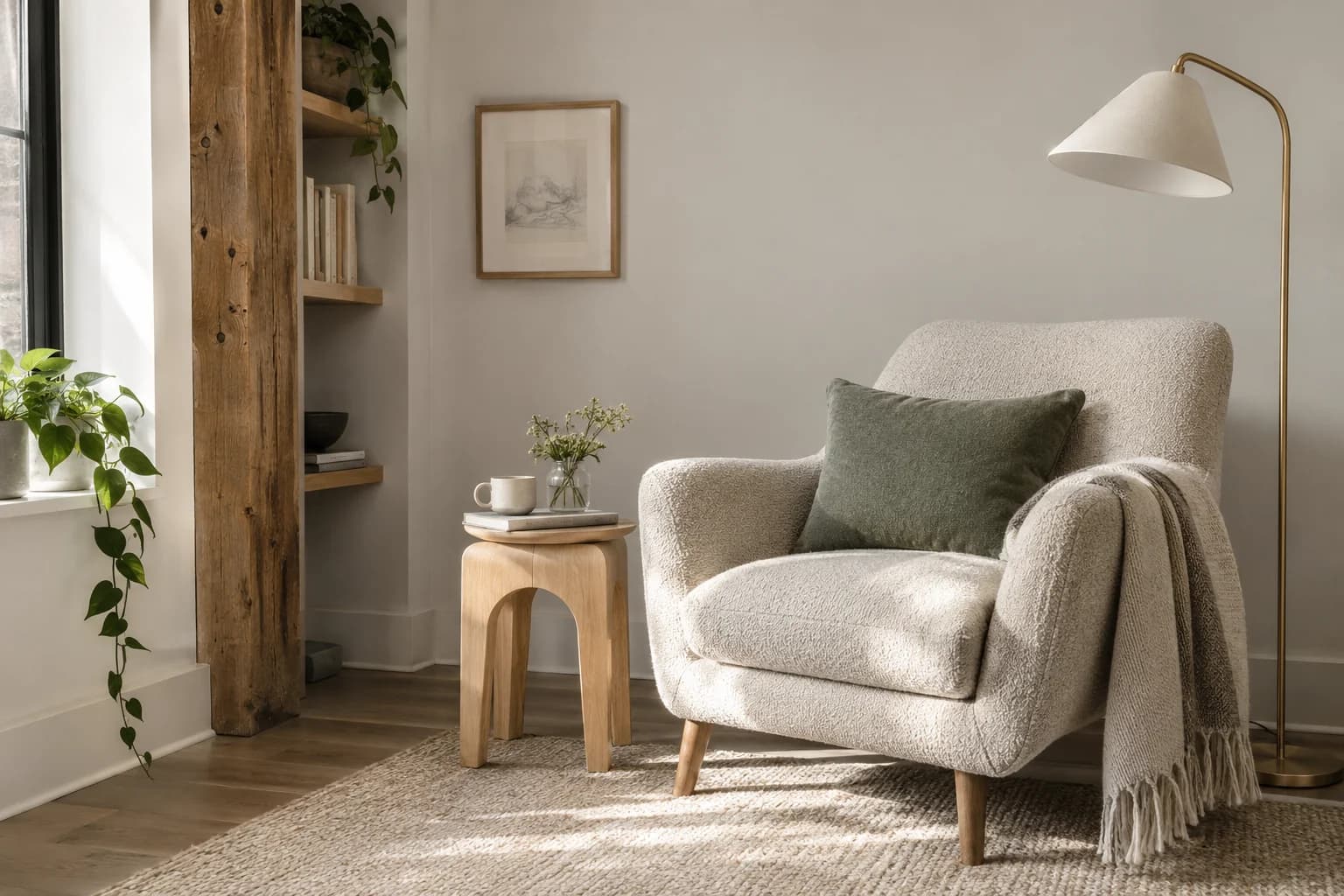 Reading nook with Shark walls and a cream armchair