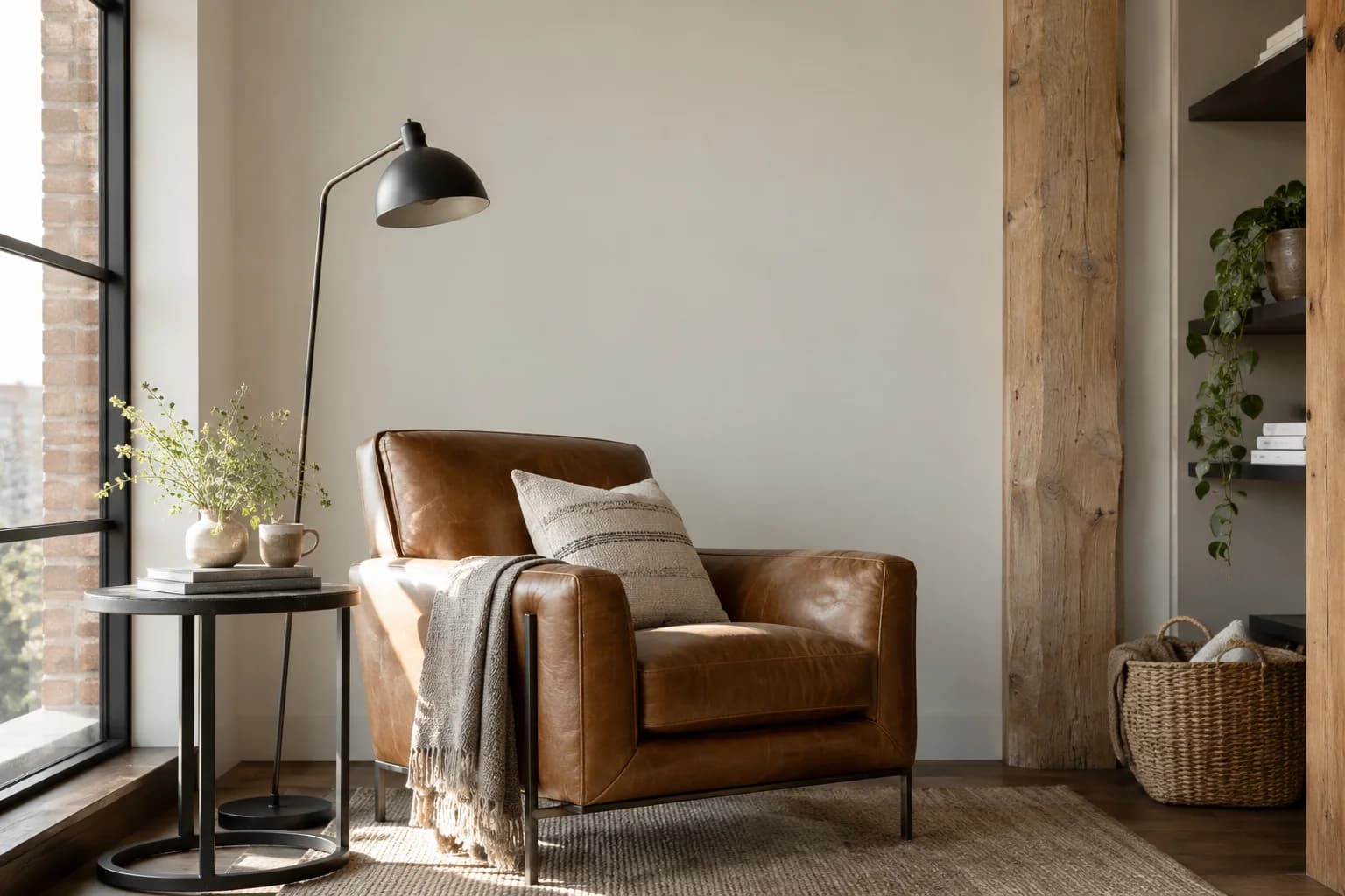Reading nook with Silent Smoke walls and a cream armchair