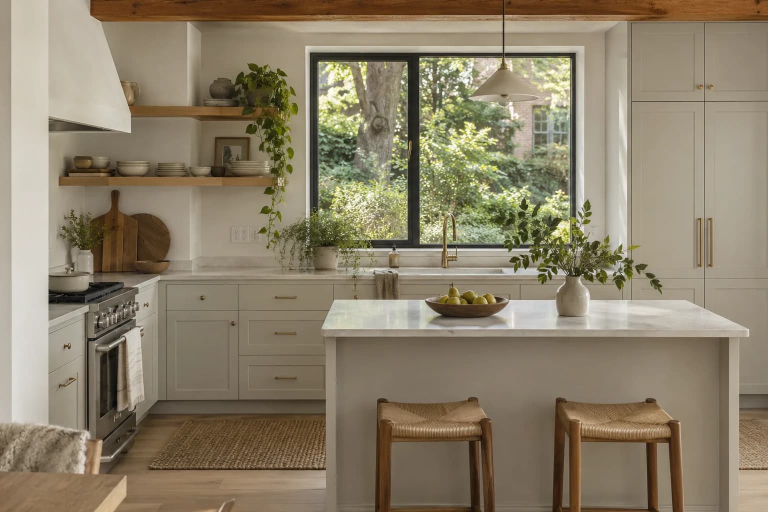 Kitchen cabinets featuring Silent Smoke paint
