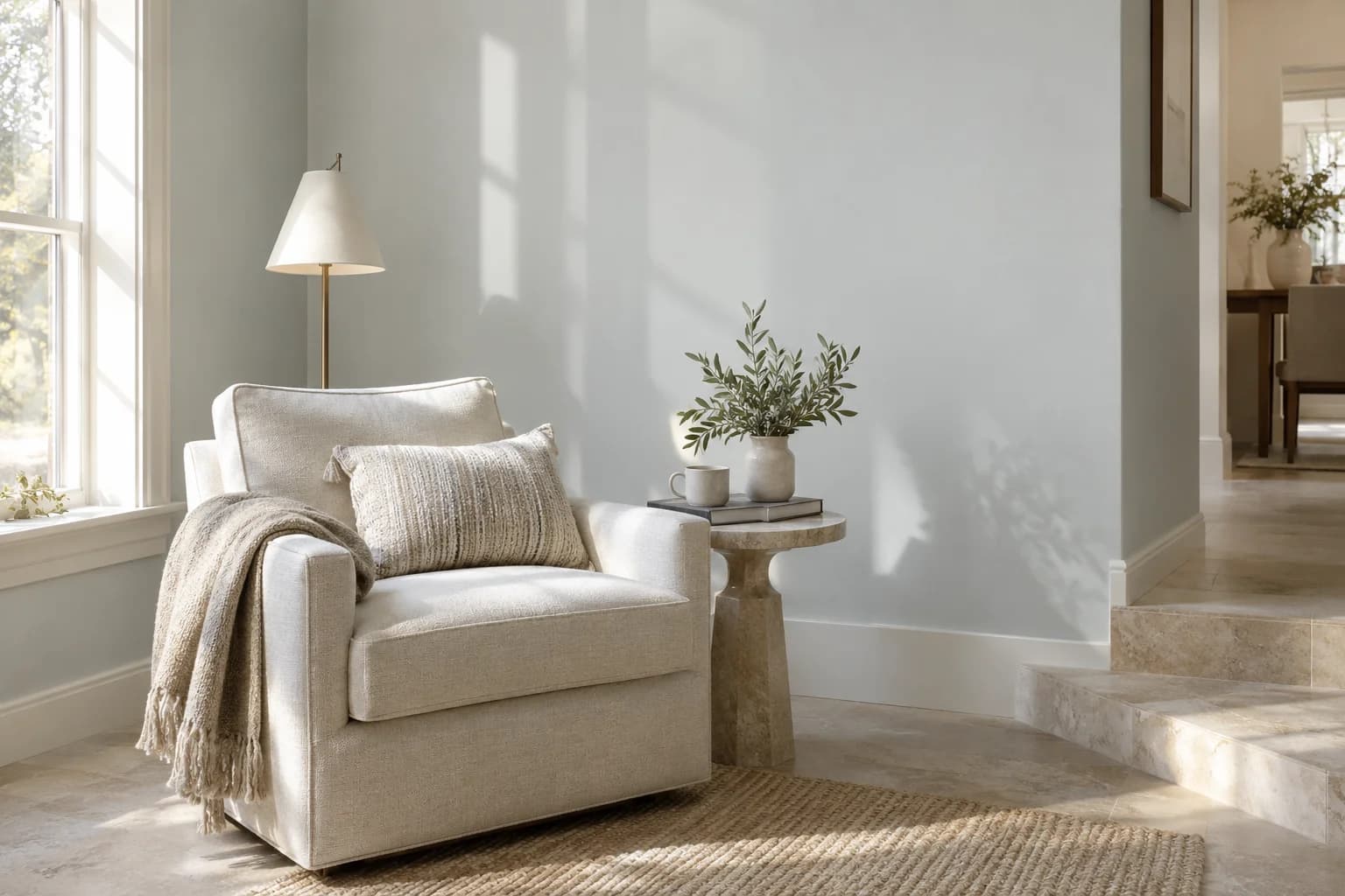 Reading nook with Thin Ice walls and a cream armchair
