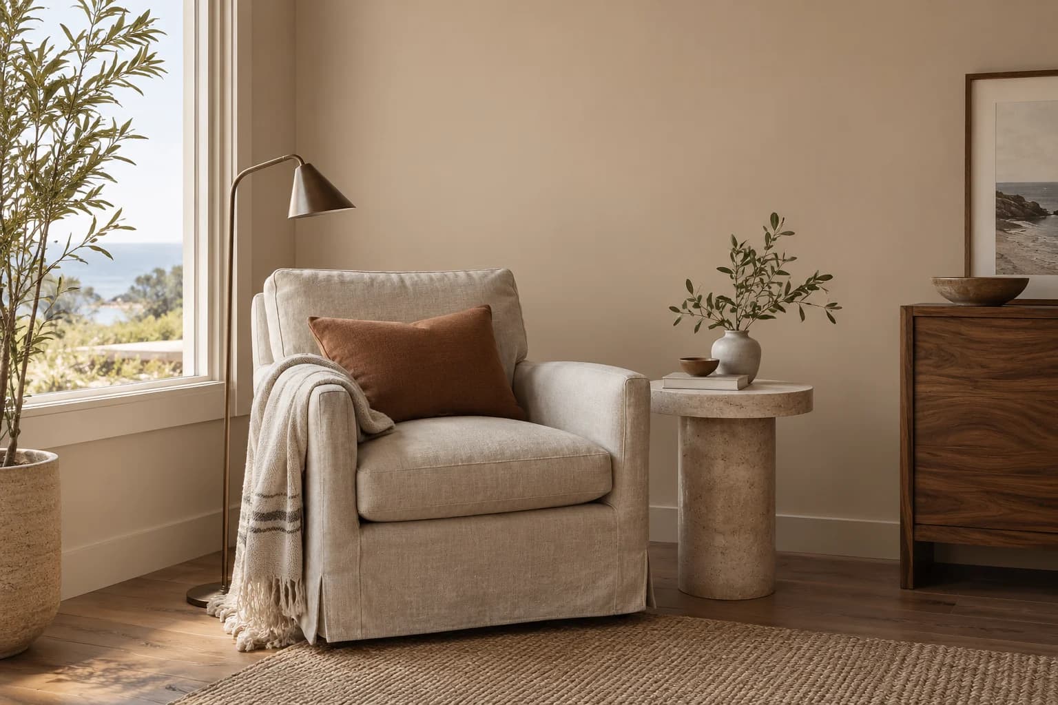 Reading nook with Transcend walls and a cream armchair