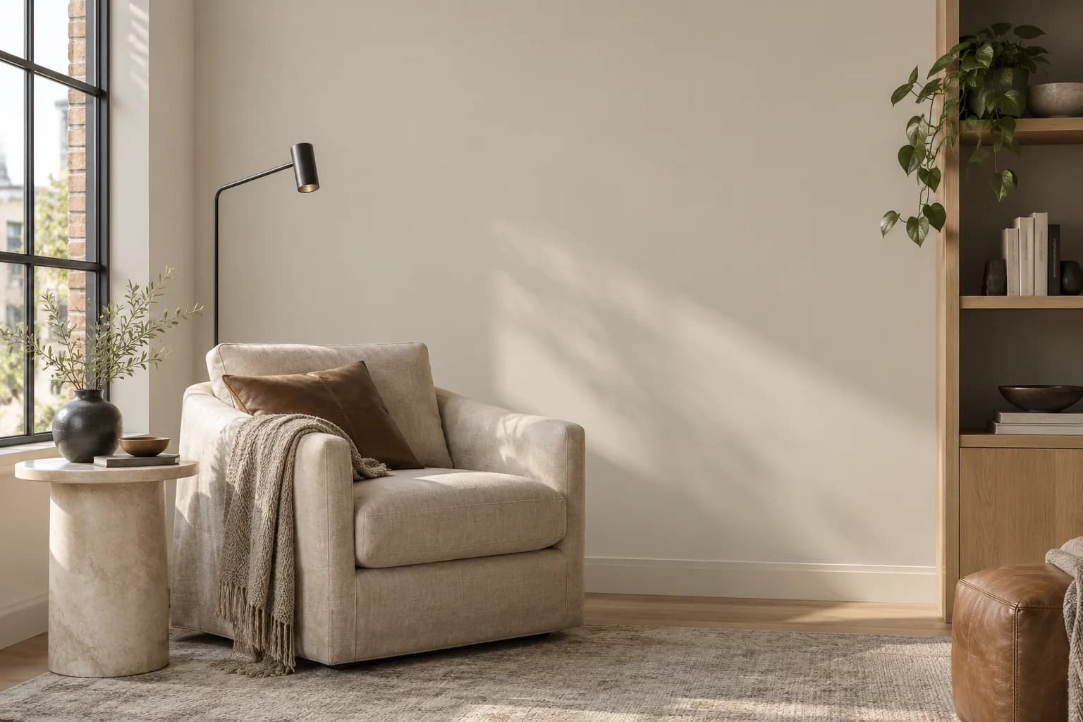 Reading nook with Whiskers walls and a cream armchair