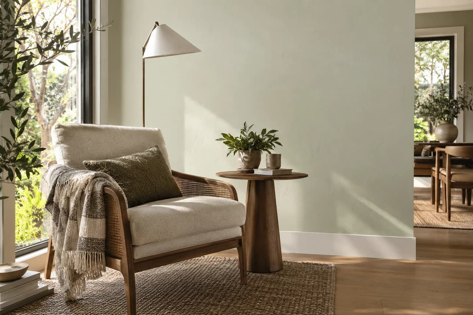 Reading nook with White Sage walls and a cream armchair