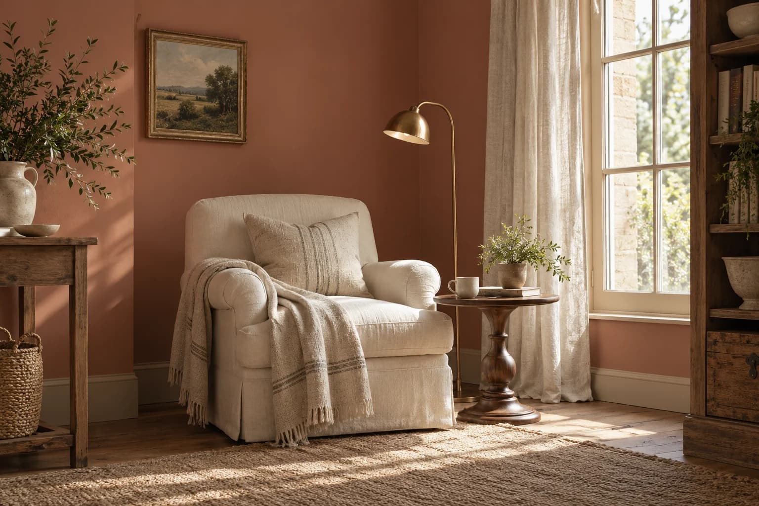 Reading nook with Red Earth walls and a cream armchair