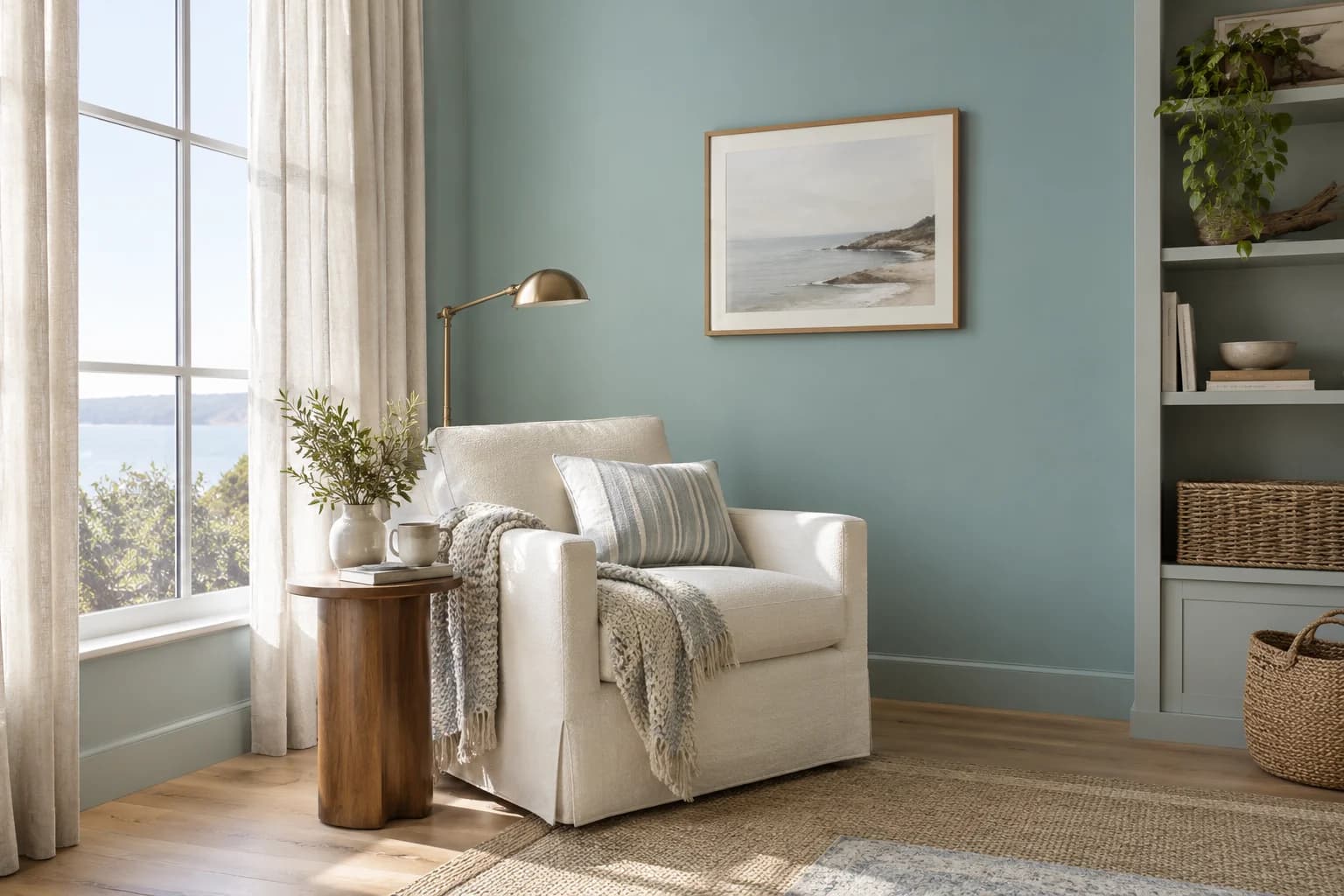 Reading nook with Renew Blue walls and a cream armchair