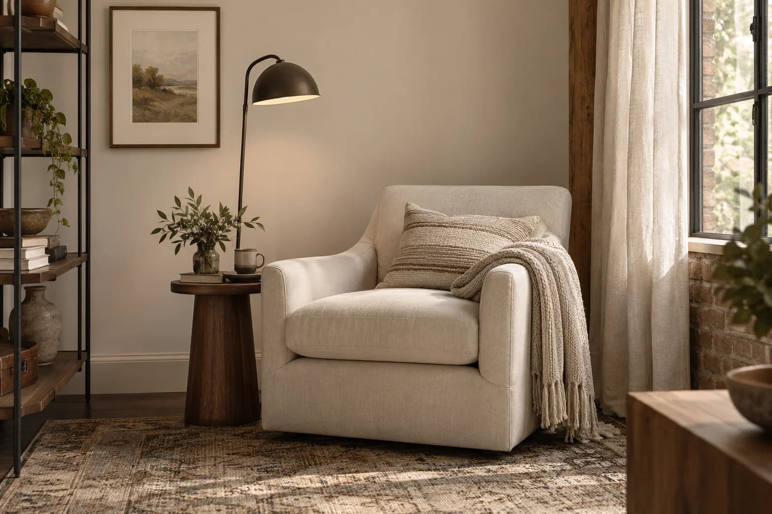 Reading nook with Accessible Beige walls and a cream armchair