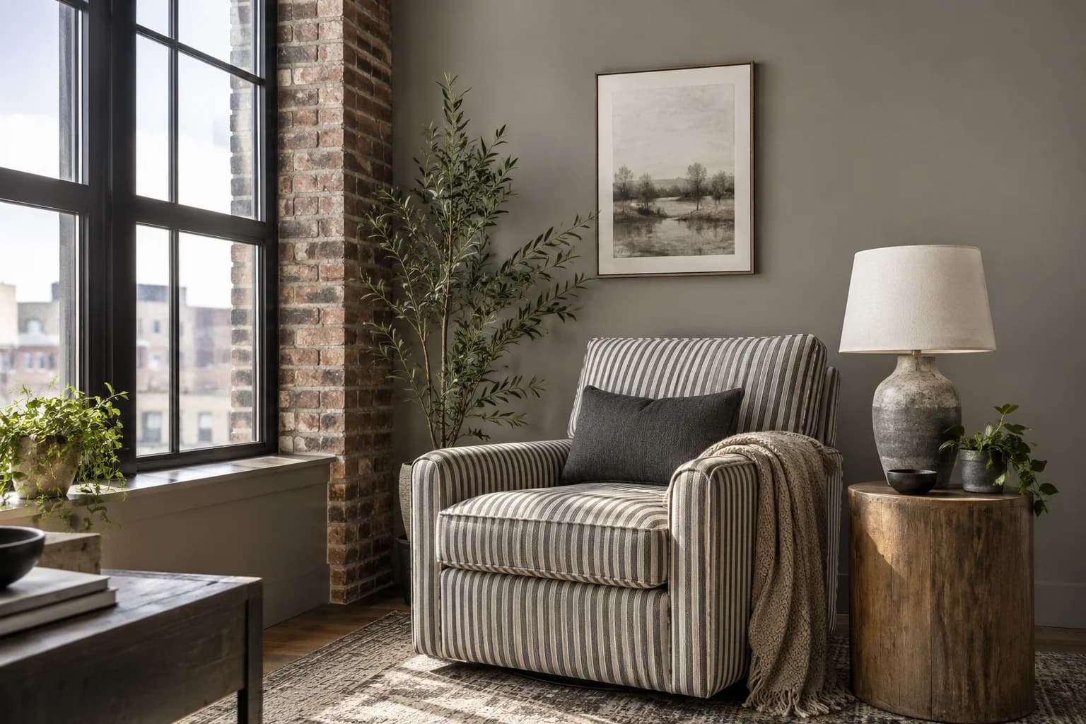 Reading nook with Dorian Gray walls and a cream armchair