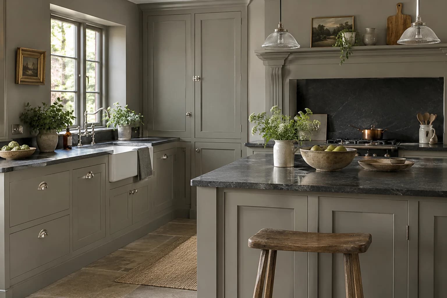 Kitchen cabinets featuring Dorian Gray paint