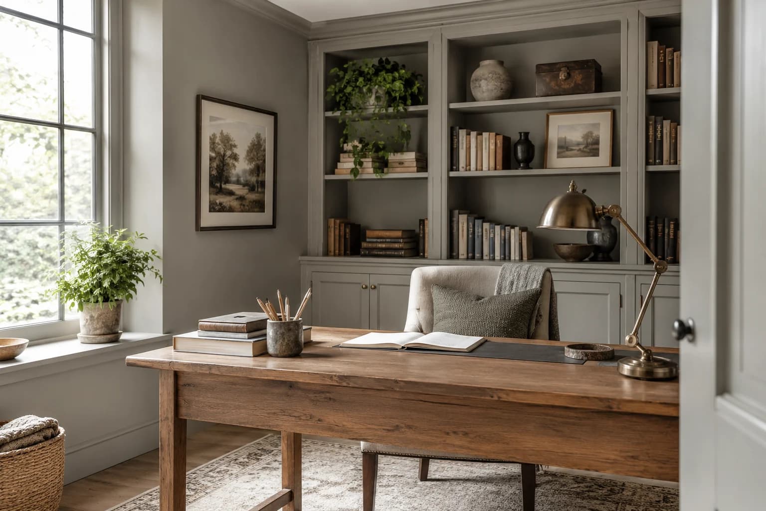 Home office featuring Dorian Gray paint