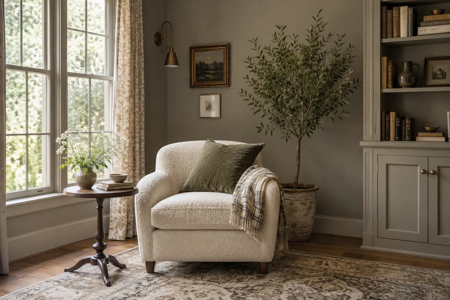 Reading nook with Dovetail walls and a cream armchair