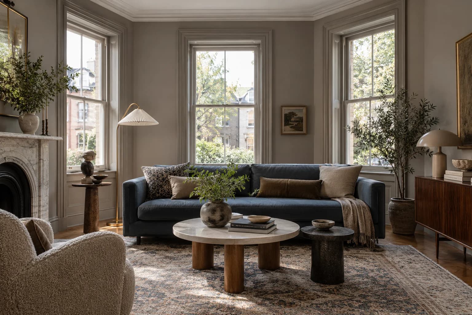 Dovetail walls in an eclectic townhouse living room
