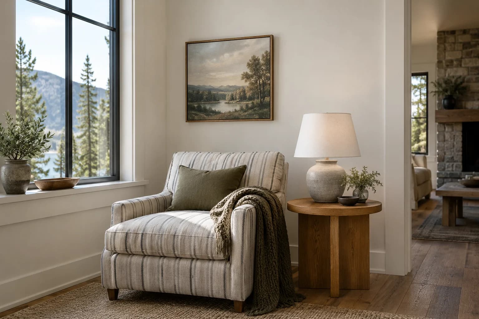 Reading nook with Eider White walls and a cream armchair