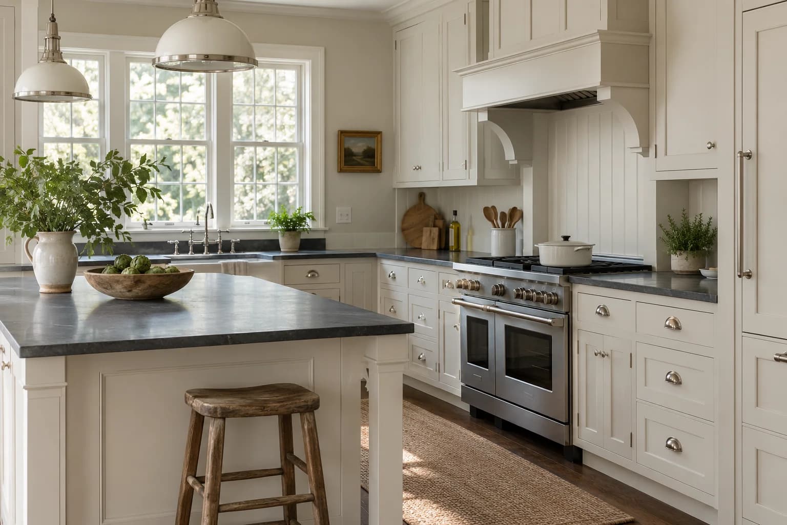 Kitchen cabinets featuring Eider White paint