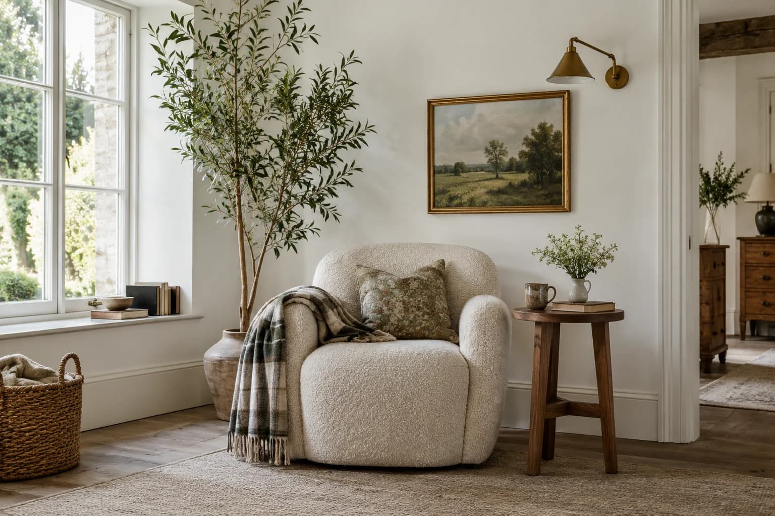 Reading nook with Extra White walls and a cream armchair