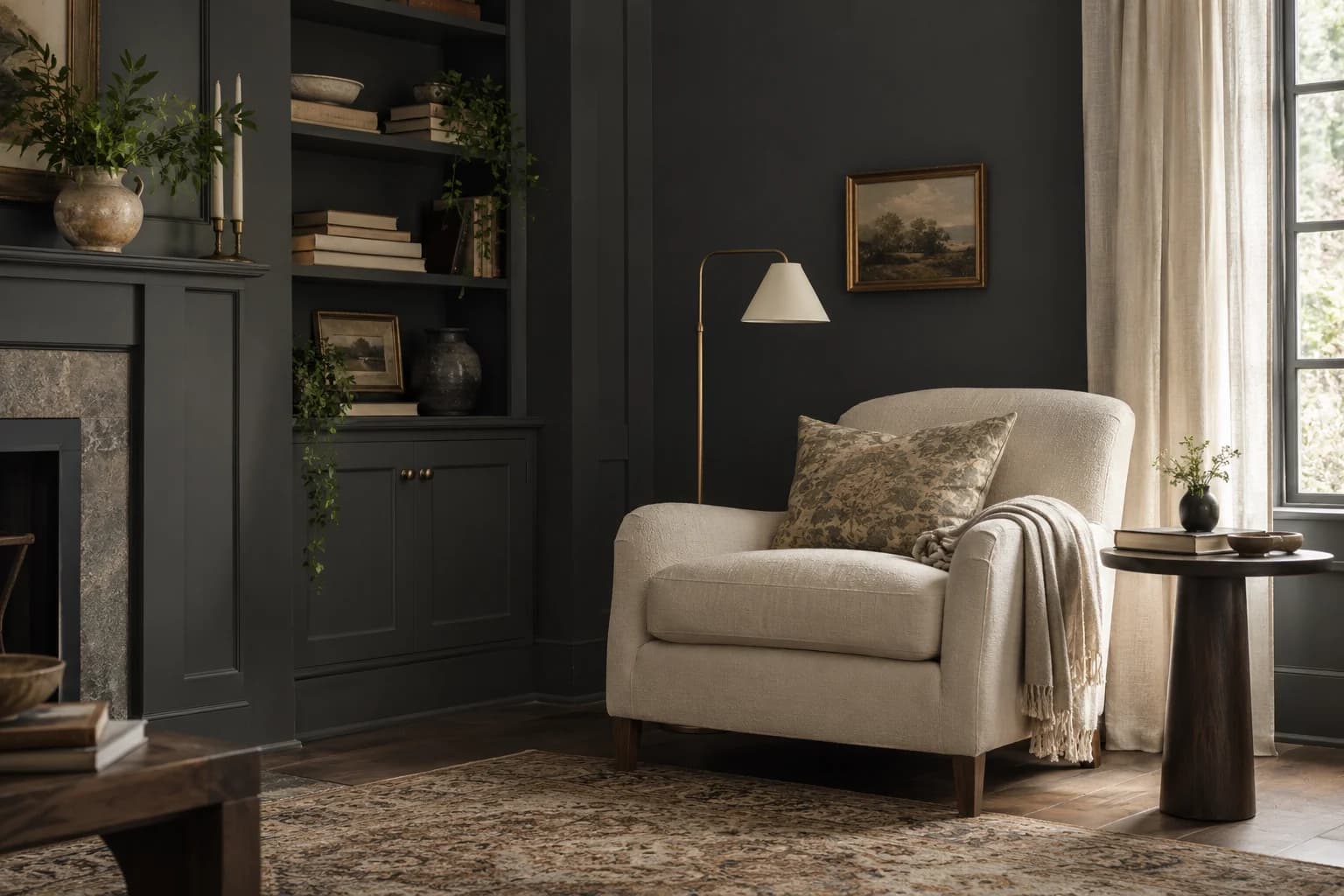 Reading nook with Iron Ore walls and a cream armchair