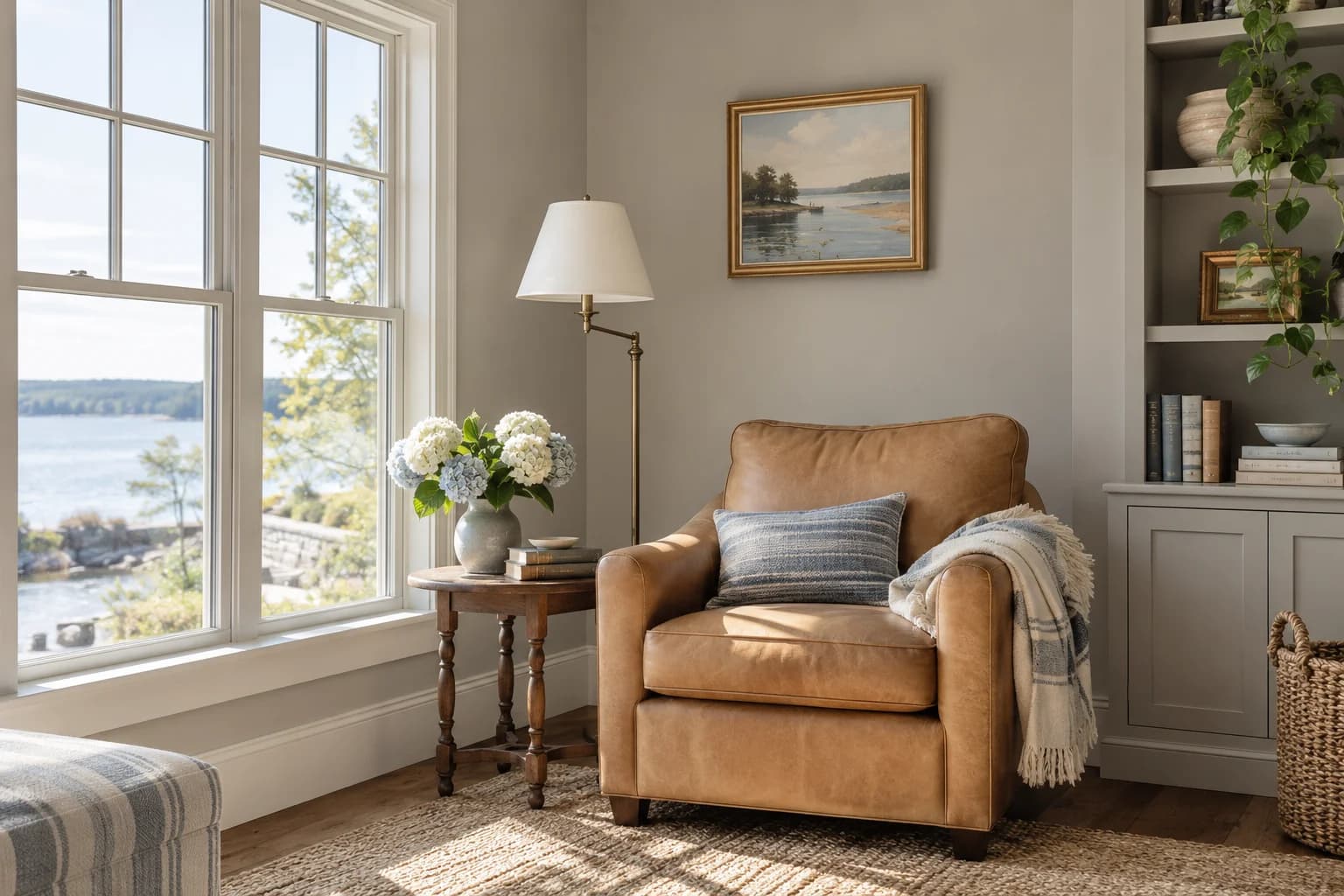 Reading nook with Mindful Gray walls and a cream armchair