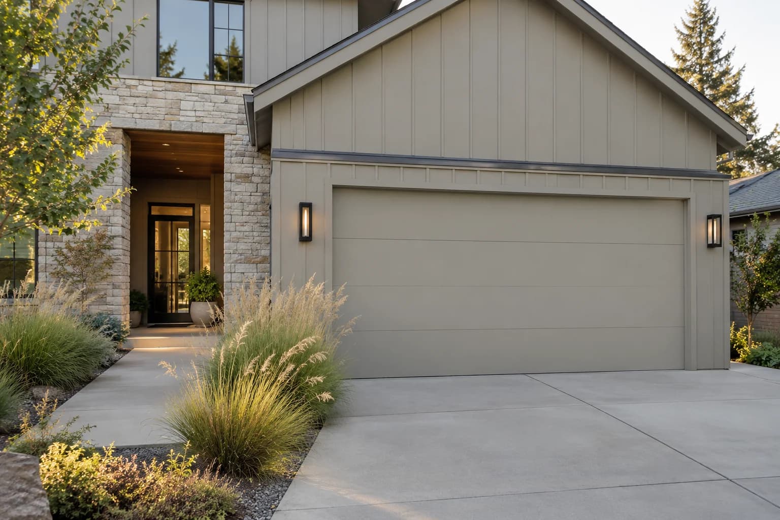 Garage door featuring Mindful Gray paint
