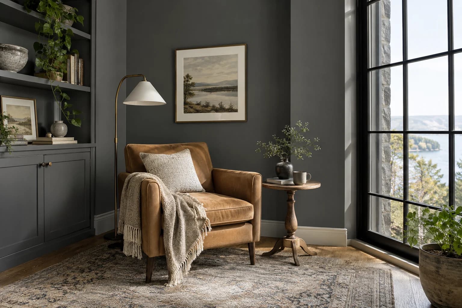 Reading nook with Peppercorn walls and a cream armchair