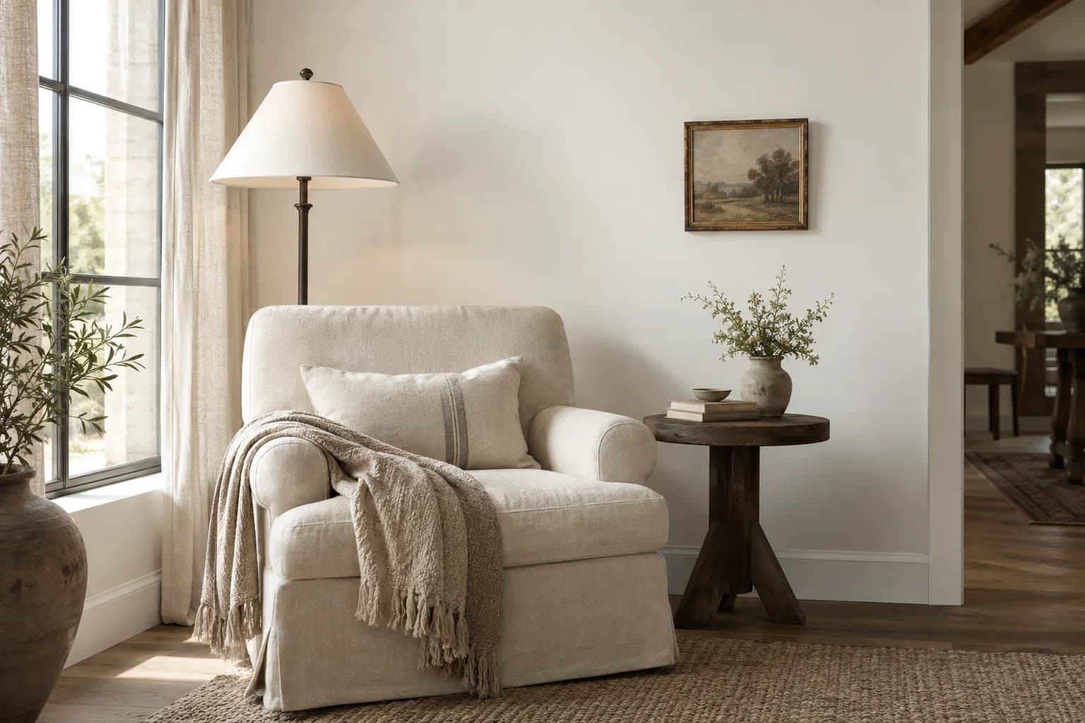 Reading nook with Pure White walls and a cream armchair