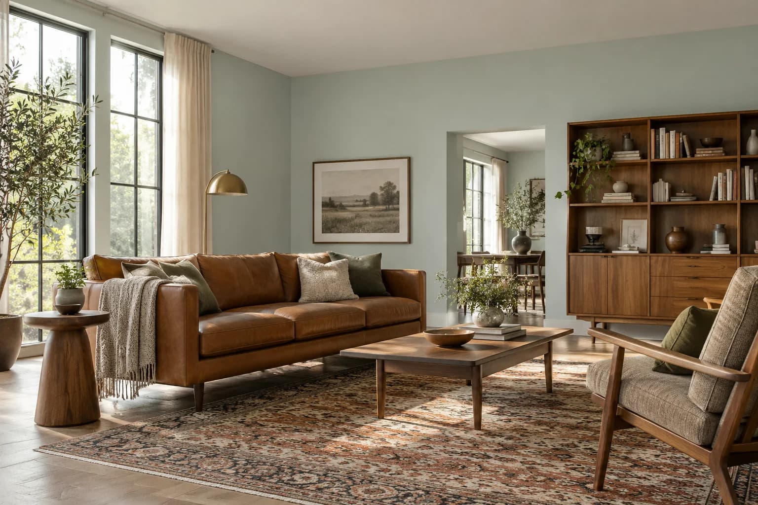 Rainwashed walls in a warm midcentury living room
