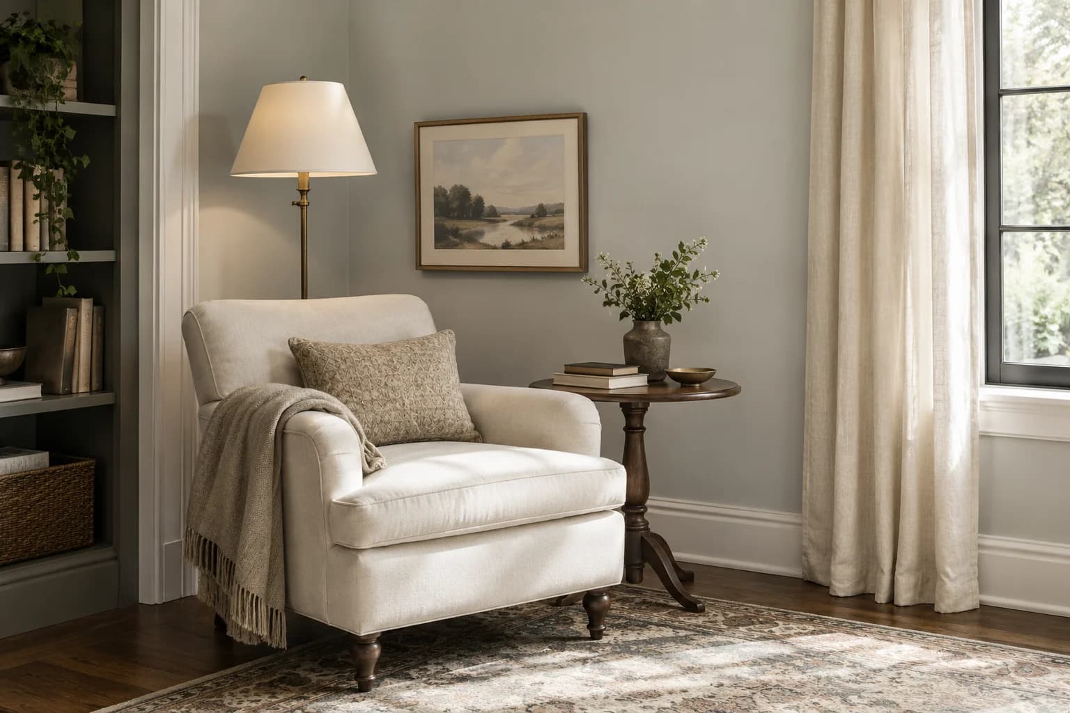 Reading nook with Repose Gray walls and a cream armchair