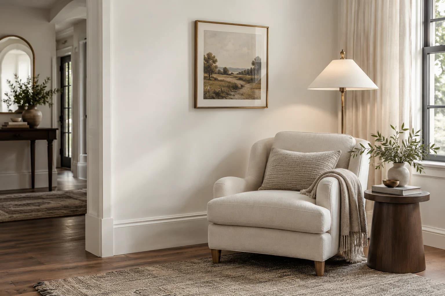 Reading nook with Snowbound walls and a cream armchair