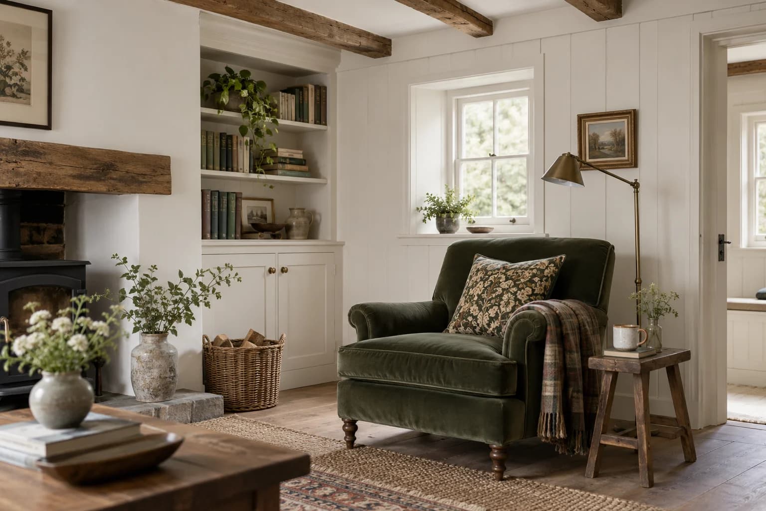 Snowbound walls in a modern English cottage living room