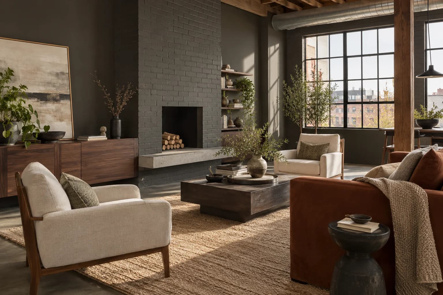 Urbane Bronze walls in a warm industrial living room