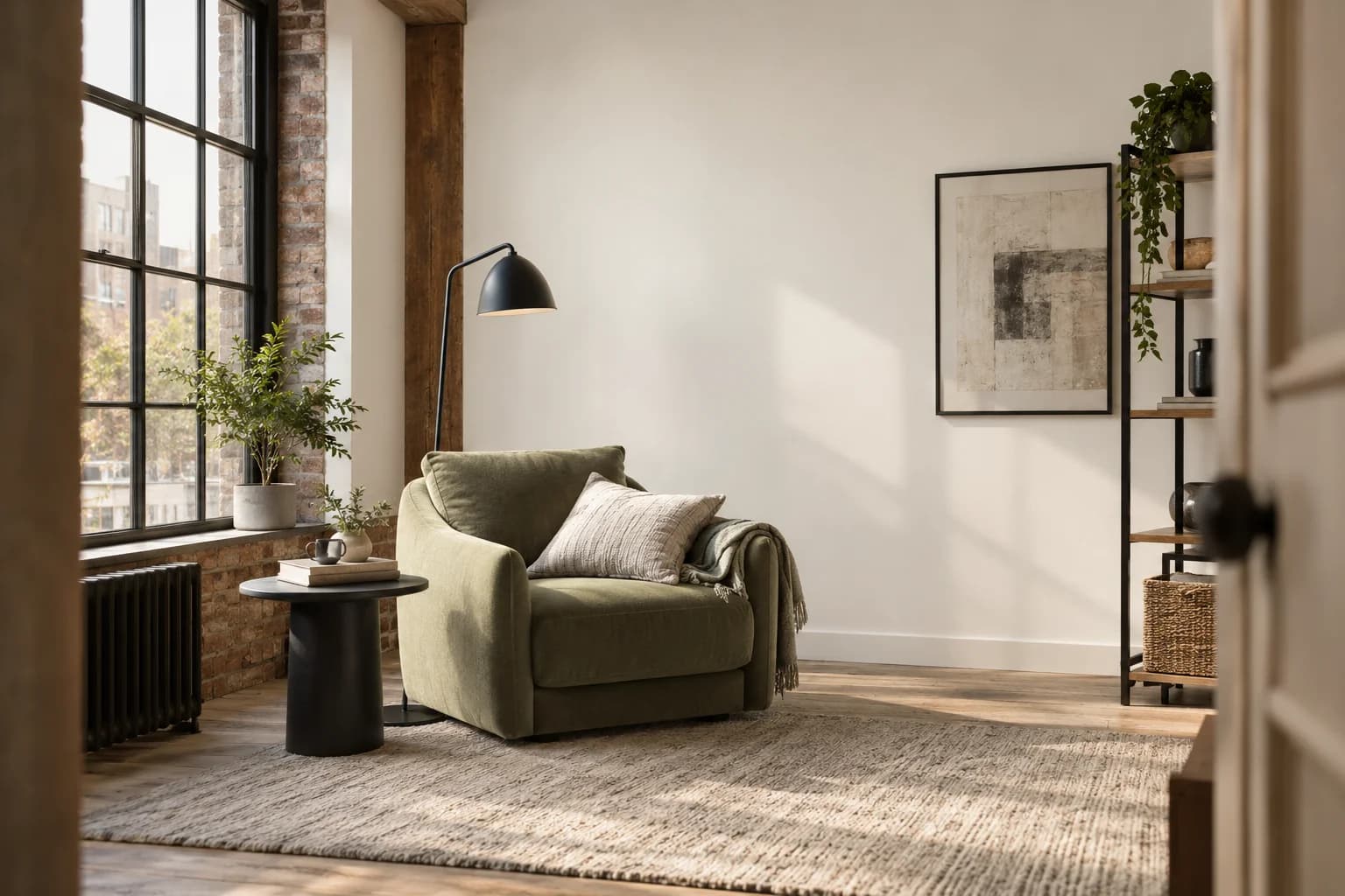 Reading nook with Bistro White walls and a cream armchair