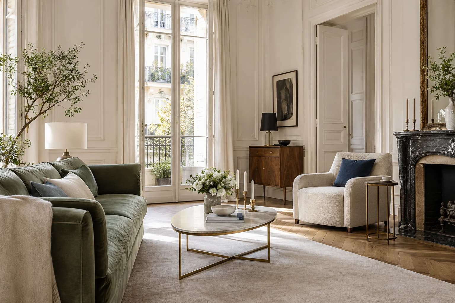 Bistro White walls in a bright French apartment salon