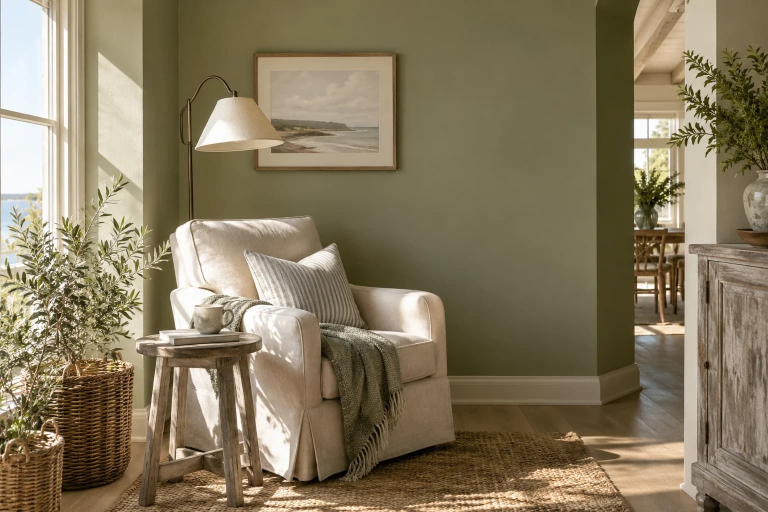 Reading nook with Blanched Thyme walls and a cream armchair