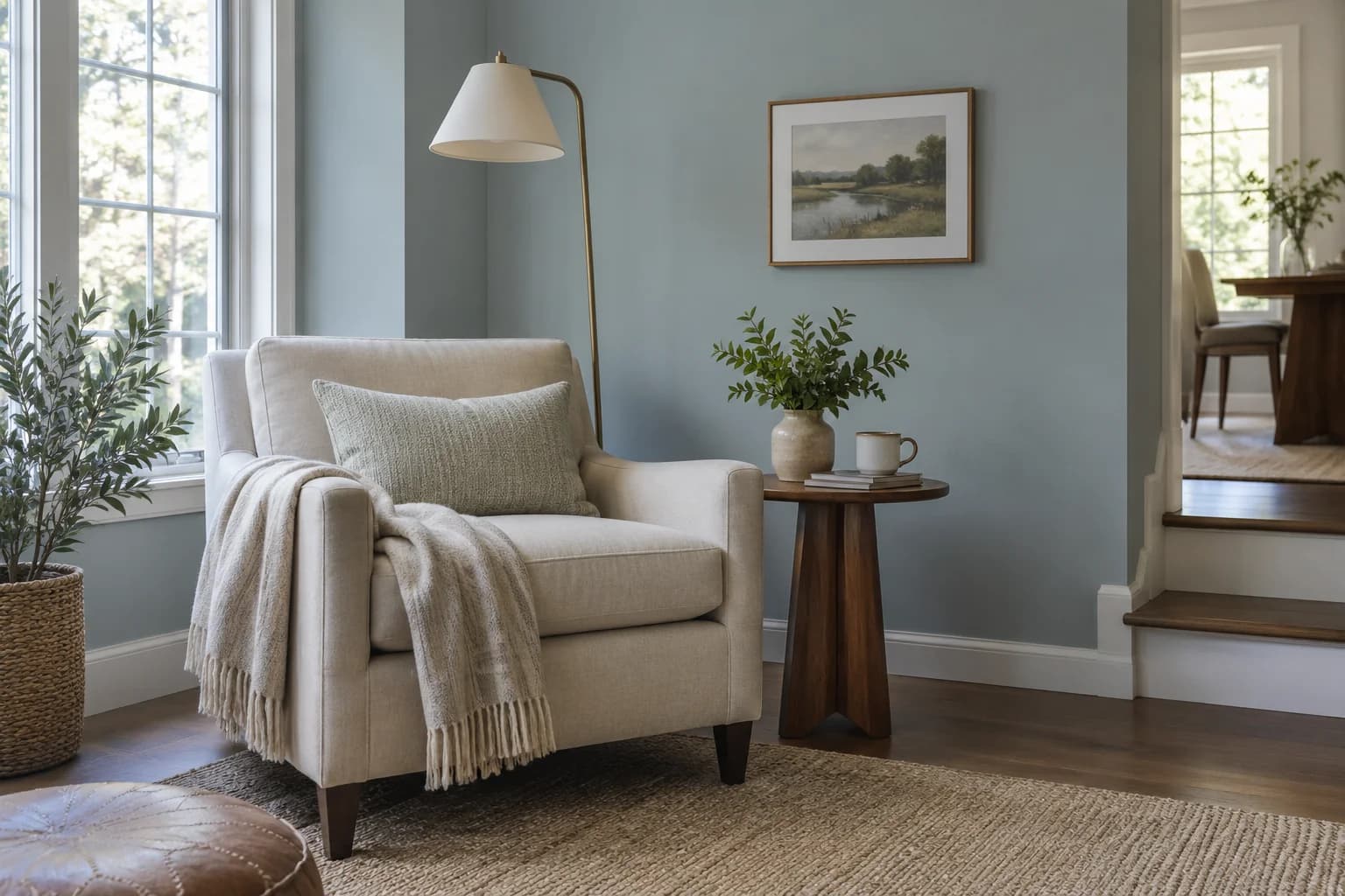 Reading nook with Blue Arrow walls and a cream armchair