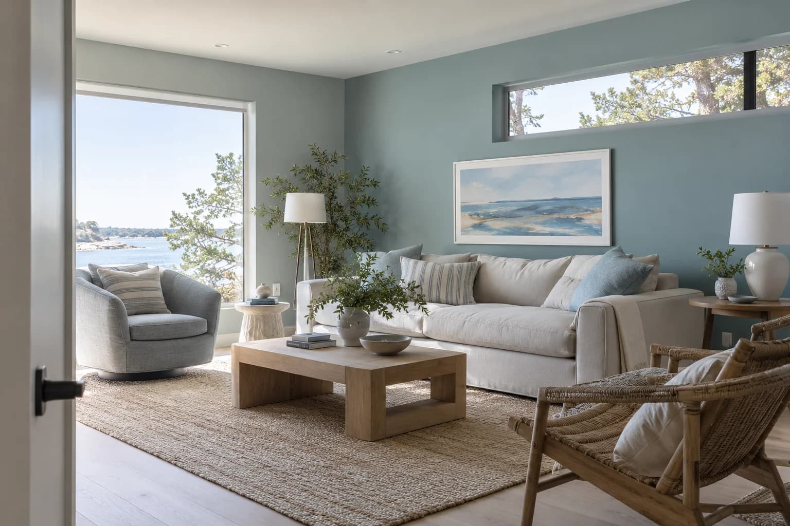 Blue Arrow walls in a coastal contemporary living room