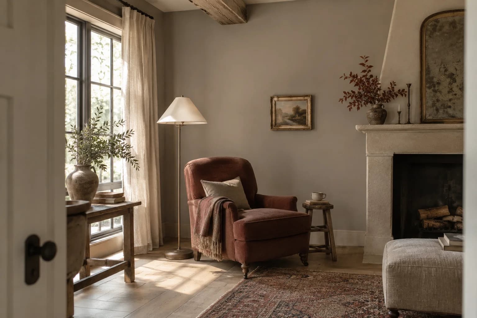 Reading nook with Coastal Villa walls and a cream armchair
