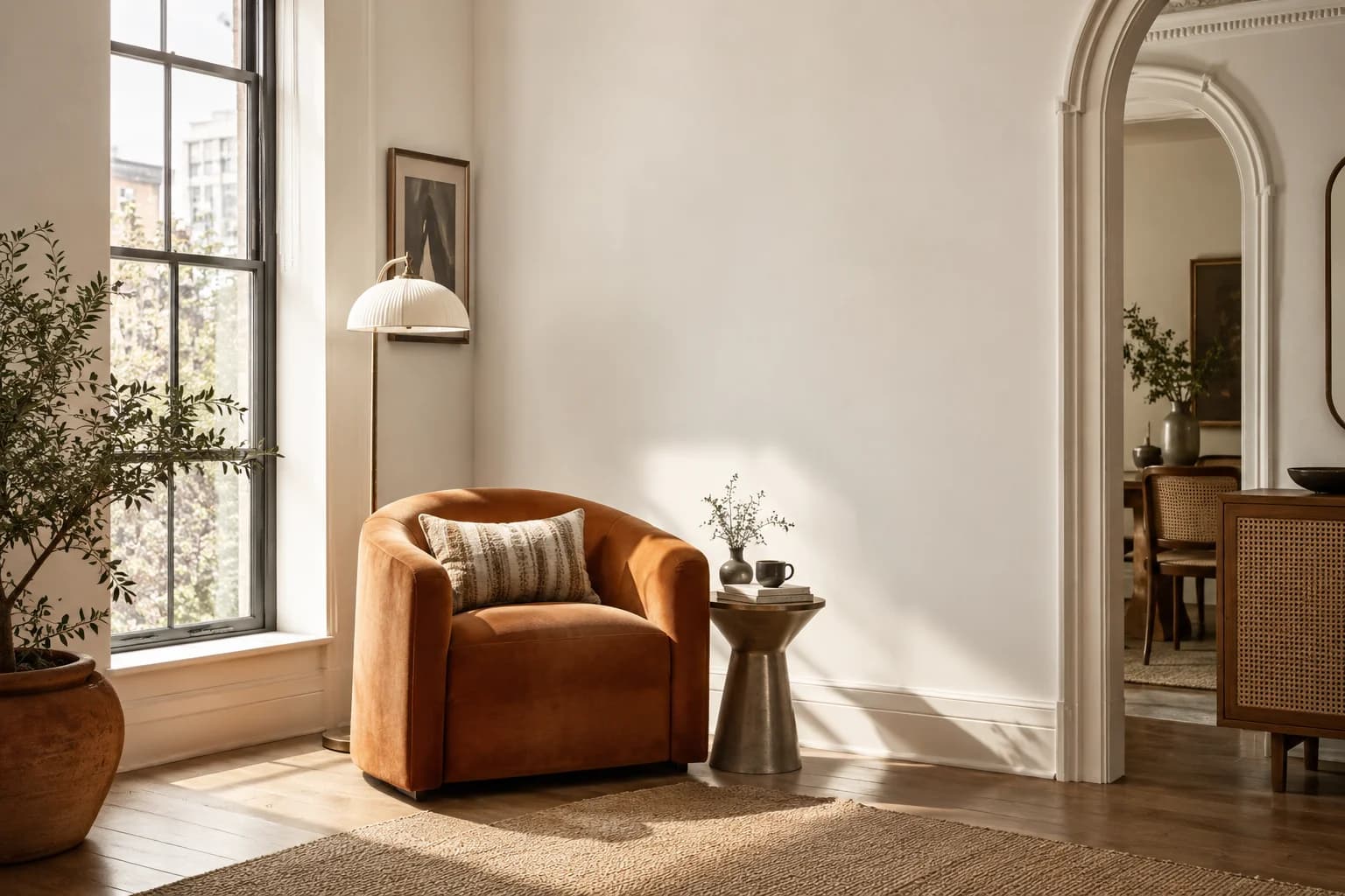 Reading nook with Dove White walls and a cream armchair