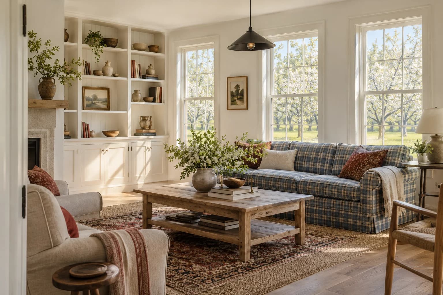 Dove White walls in an airy farmhouse living room