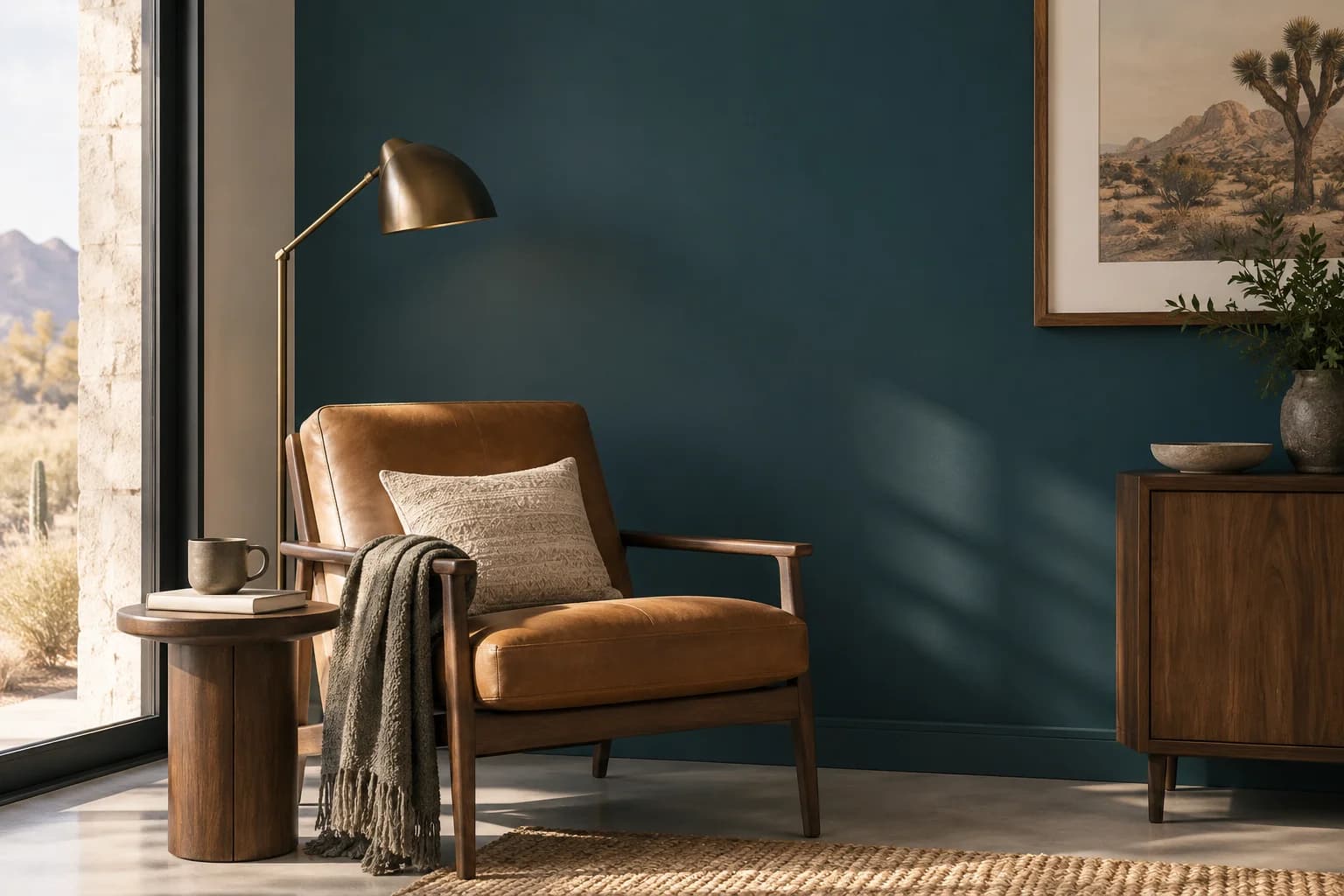 Reading nook with Everglade Deck walls and a cream armchair