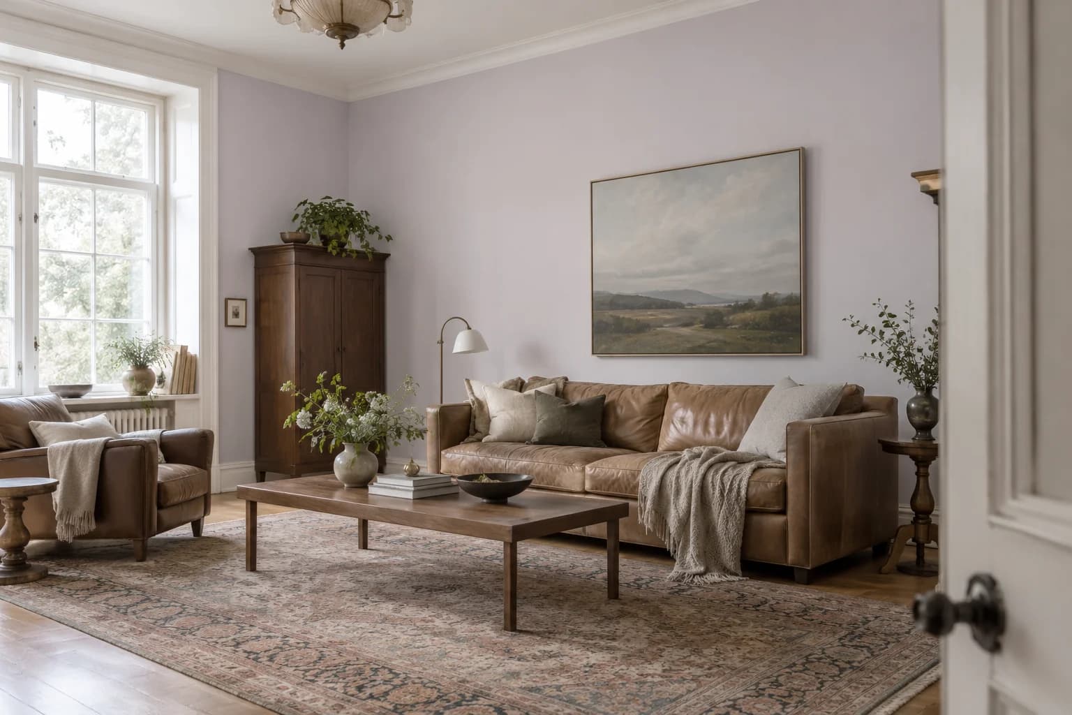 Gentle Violet walls in a romantic vintage living room