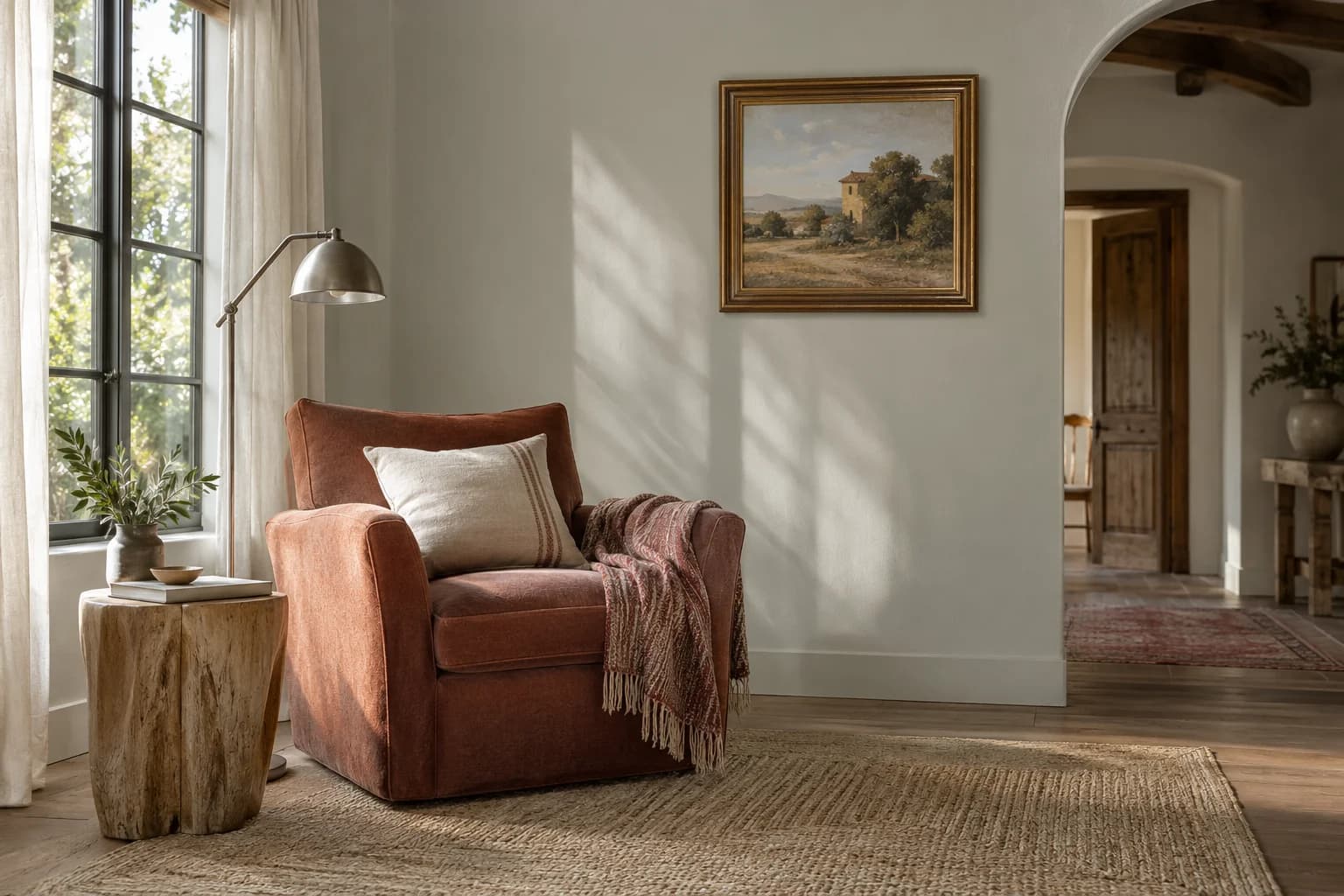 Reading nook with Granite Dust walls and a cream armchair