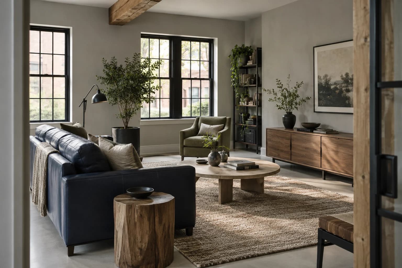 Granite Dust walls in a soft industrial living room
