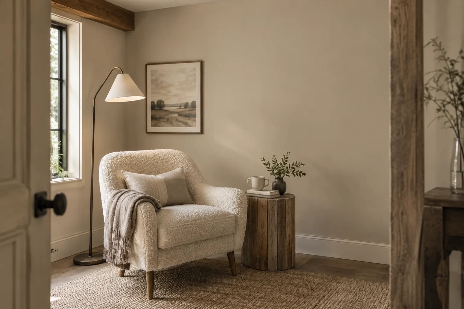 Reading nook with Ivory Brown walls and a cream armchair