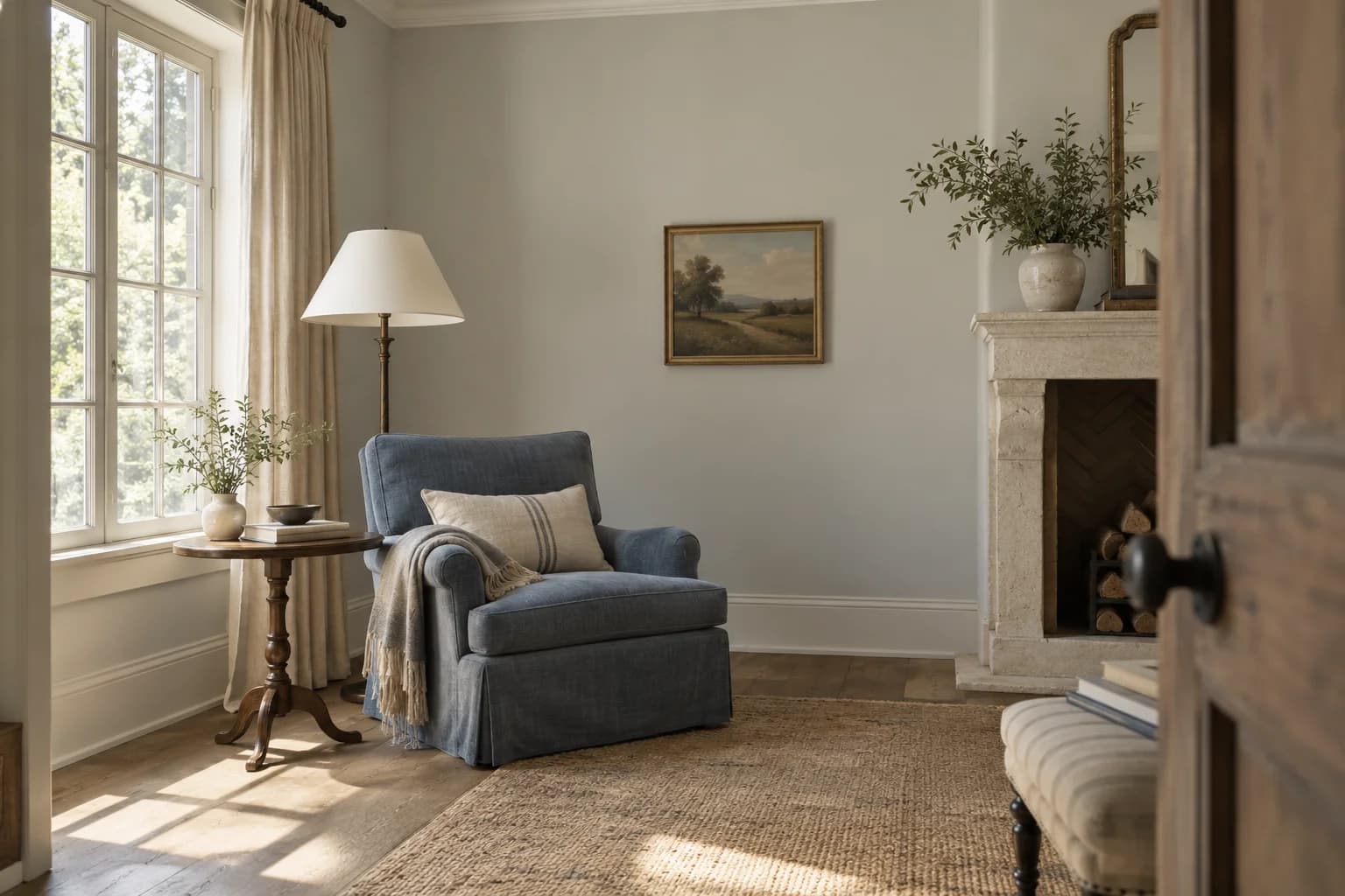 Reading nook with Notre Dame walls and a cream armchair